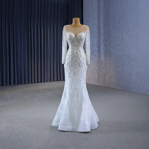 High-end White Handmade  Beading Sequins Wedding Dresses 2023 Trumpet / Mermaid Scoop Neck Long Sleeve Court Train Wedding
