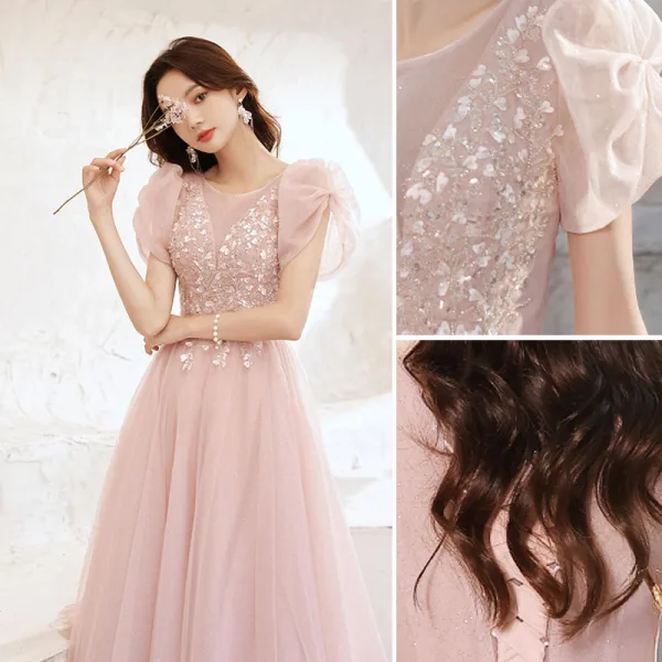 Chic / Beautiful Blushing Pink Beading Appliques Evening Dresses 2022 A-Line / Princess Scoop Neck Short Sleeve Backless Floor-Length / Long Prom Formal Dresses
