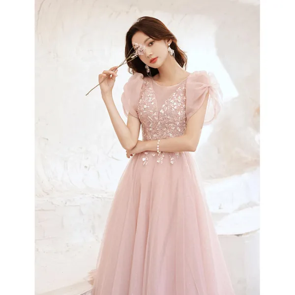 Chic / Beautiful Blushing Pink Beading Appliques Evening Dresses 2022 A-Line / Princess Scoop Neck Short Sleeve Backless Floor-Length / Long Prom Formal Dresses