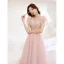 Chic / Beautiful Blushing Pink Beading Appliques Evening Dresses 2022 A-Line / Princess Scoop Neck Short Sleeve Backless Floor-Length / Long Prom Formal Dresses