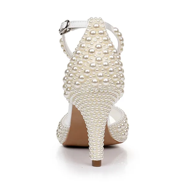 Elegante Weiß Perle Knöchelriemen Brautschuhe 2026 8 cm Stilettos Peeptoes Hochzeit Sandaletten Hochhackige