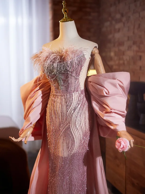 Lovely Blushing Pink Sequins Rhinestone Prom Dresses 2024 Trumpet / Mermaid Strapless Tassel Short Sleeve Backless Floor-Length / Long Prom Formal Dresses
