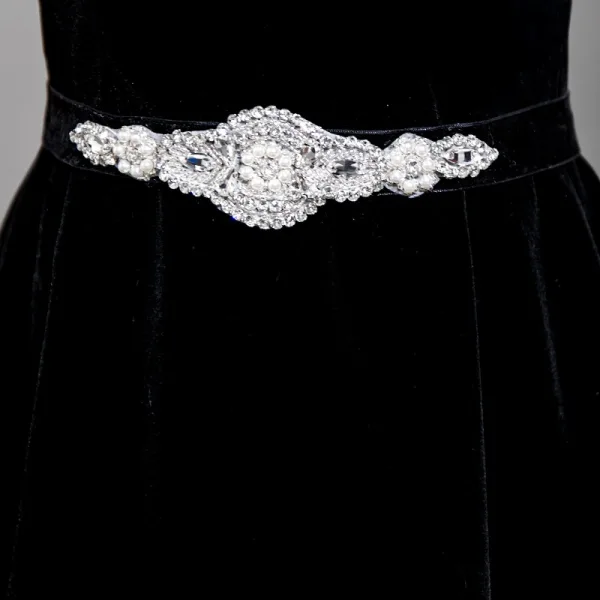Chic / Beautiful Black Rhinestone Velvet Evening Dresses 2025 A-Line / Princess Square Neckline Short Sleeve Backless Floor-Length / Long Evening Party Formal Dresses