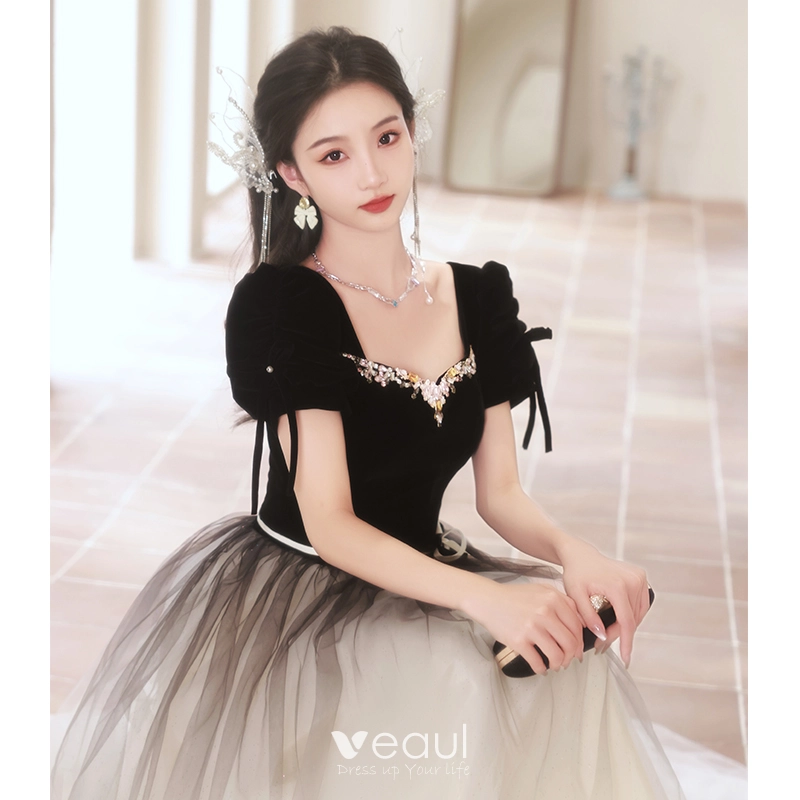 Fashion Black Rhinestone Prom Dresses 2024 A Line Princess Square Neckline Short Sleeve Backless Bow Sash