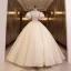 Elegant Champagne Pearl Lace Flower Prom Dresses 2022 Ball Gown Scoop Neck Puffy Short Sleeve Backless Floor-Length / Long Formal Dresses