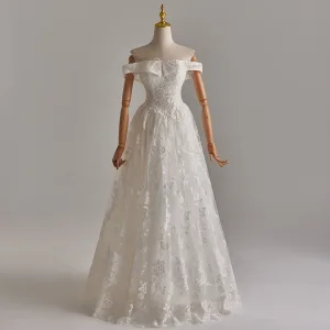Simple Blanche En Dentelle Fleur Robe De Mariée 2025 Princesse De L Épaule Sans Manches Dos Nu Longue