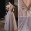 Chic / Beautiful Dusky Pink Prom Dresses 2022 A-Line / Princess V-Neck Beading Short Sleeve Backless Floor-Length / Long Prom Formal Dresses