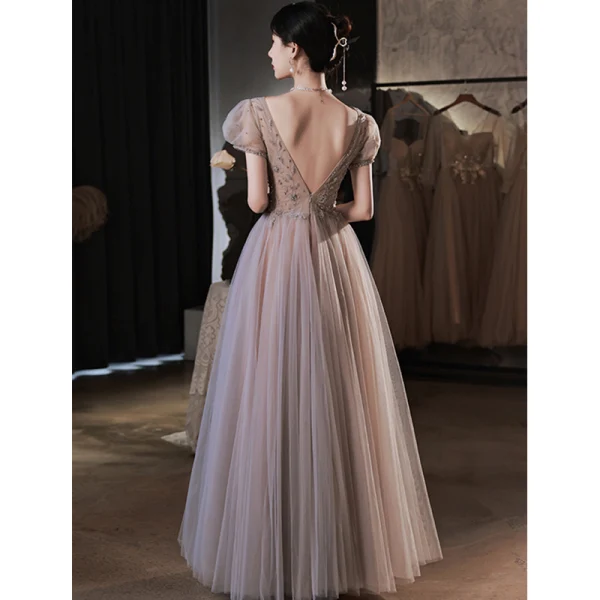 Chic / Beautiful Dusky Pink Prom Dresses 2022 A-Line / Princess V-Neck Beading Short Sleeve Backless Floor-Length / Long Prom Formal Dresses