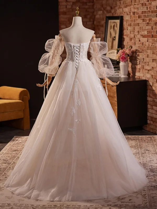 Elegant Blushing Pink Lace Flower Prom Dresses 2024 Ball Gown Off-The-Shoulder Short Sleeve Backless Floor-Length / Long Prom Formal Dresses