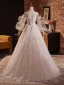 Elegant Blushing Pink Lace Flower Prom Dresses 2024 Ball Gown Off-The-Shoulder Short Sleeve Backless Floor-Length / Long Prom Formal Dresses