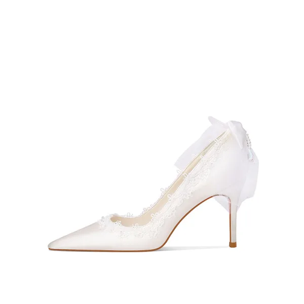 Elegant Ivory Satin Lace Flower Bow Wedding Shoes 2022 8 cm Stiletto Heels Pointed Toe Wedding Pumps High Heels