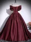 Vintage / Retro Burgundy Satin Prom Dresses 2025 Ball Gown Off-The-Shoulder Short Sleeve Backless Floor-Length / Long Formal Dresses