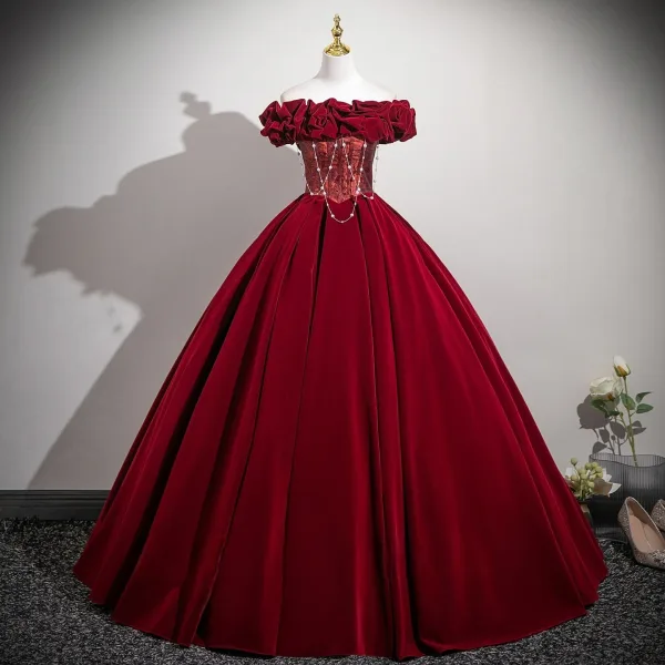 Vintage / Retro Burgundy Prom Dresses 2025 Ball Gown Ruffle  Off-The-Shoulder Short Sleeve Backless Floor-Length / Long Prom Formal  Dresses