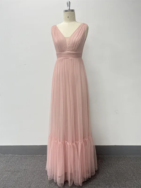 Chic / Beautiful Blushing Pink Prom Dresses 2024 A-Line / Princess V-Neck Sleeveless Backless Floor-Length / Long Prom Formal Dresses