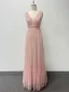Chic / Beautiful Blushing Pink Prom Dresses 2024 A-Line / Princess V-Neck Sleeveless Backless Floor-Length / Long Prom Formal Dresses