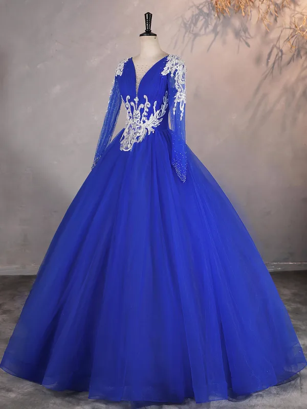 Vintage / Retro Royal Blue Beading Pearl Rhinestone Prom Dresses 2025 Ball Gown V-Neck Sleeveless Backless Floor-Length / Long Formal Dresses
