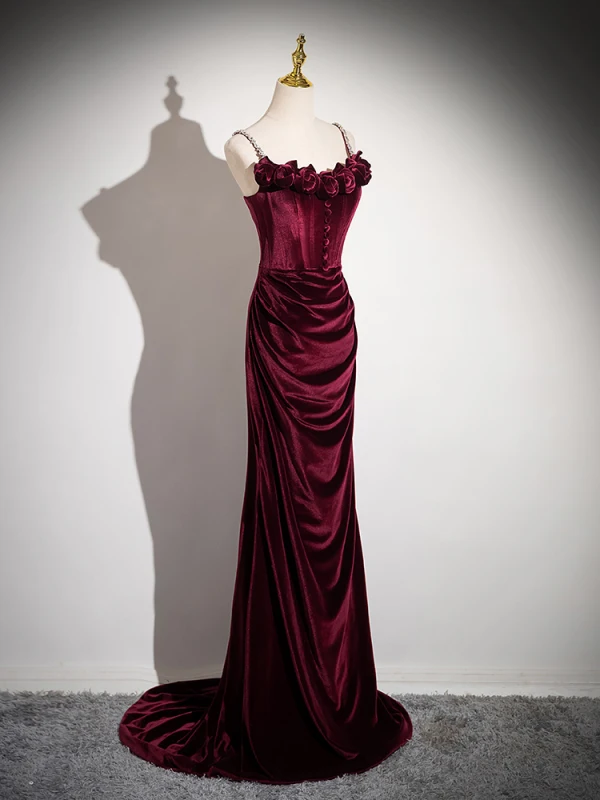 Charming Burgundy Velvet Flower Evening Dresses 2024 Trumpet / Mermaid Spaghetti Straps Sleeveless Backless Sweep Train Evening Party Formal Dresses