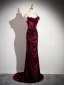 Charming Burgundy Velvet Flower Evening Dresses 2024 Trumpet / Mermaid Spaghetti Straps Sleeveless Backless Sweep Train Evening Party Formal Dresses
