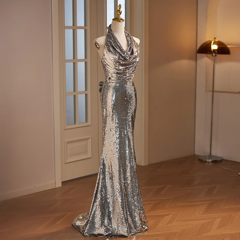 Sparkly Silver Sequins Evening Dresses 2023 Trumpet Mermaid Halter Sleeveless Backless