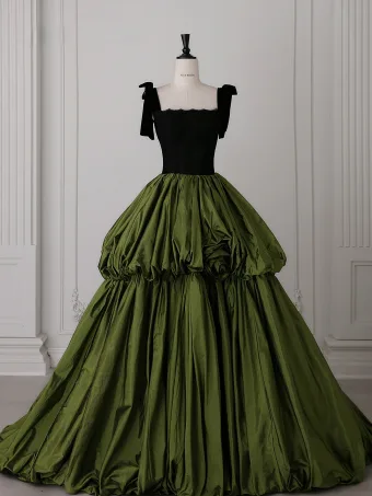 Vintage Originale Vert Foncé Volants En Cascade Robe De Bal 2025 Robe Boule Encolure Carrée Sans Manches Dos Nu Train De Balayage Robe De Ceremonie