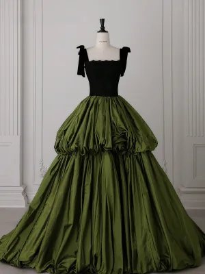 Chic Belle Vert Foncé Volants En Cascade Fendue Devant Robe De Bal 2026 Robe Boule Bretelles Spaghetti Sans Manches Dos Nu Train De Balayage Robe De Ceremonie
