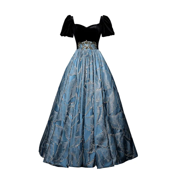 Elegant Black Suede Prom Dresses 2022 Satin A-Line / Princess Square Neckline Puffy Short Sleeve Backless Floor-Length / Long Formal Dresses