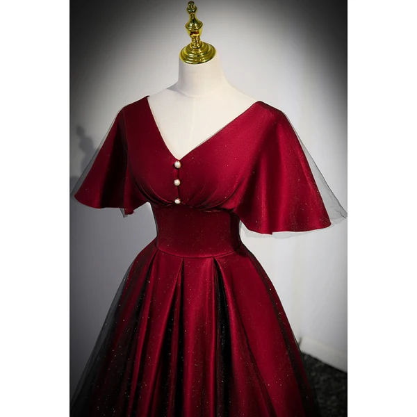 Elegant Burgundy Satin Prom Dresses 2023 A-Line / Princess V-Neck Short Sleeve Backless Floor-Length / Long Prom Formal Dresses
