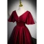 Elegant Burgundy Satin Prom Dresses 2023 A-Line / Princess V-Neck Short Sleeve Backless Floor-Length / Long Prom Formal Dresses