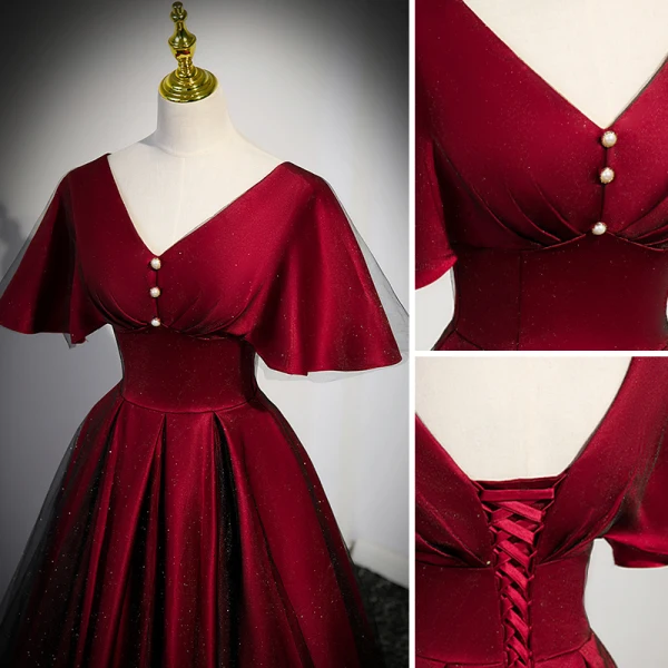 Elegant Burgundy Satin Prom Dresses 2023 A-Line / Princess V-Neck Short Sleeve Backless Floor-Length / Long Prom Formal Dresses