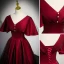 Elegant Burgundy Satin Prom Dresses 2023 A-Line / Princess V-Neck Short Sleeve Backless Floor-Length / Long Prom Formal Dresses