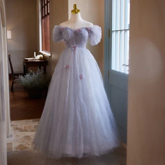 Chic Belle Lavande Perlage Appliques Robe De Bal 2024 Princesse De L Épaule Manches Courtes Dos Nu Longue Tulle Promo Robe De Ceremonie