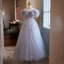 Chic / Beautiful Lavender Beading Appliques Prom Dresses 2024 A-Line / Princess Off-The-Shoulder Short Sleeve Backless Floor-Length / Long Tulle Prom Formal Dresses