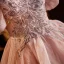 Elegante Rosa Perlenstickerei Strass Pailletten Ballkleider 2023 Ballkleid Eckiger Ausschnitt Geschwollenes Kurze Ärmel Rückenfreies Sweep / Pinsel Zug Ball Festliche Kleider