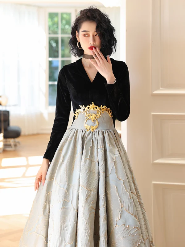 Elegant Black Evening Dresses 2023 A-Line / Princess V-Neck Long Sleeve Floor-Length / Long Prom Formal Dresses