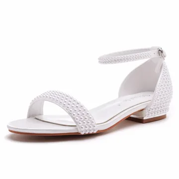 Charmant Weiß Ball Perle Flat Sandalen Damen 2023 Knöchelriemen Peeptoes Sandaletten Hochhackige