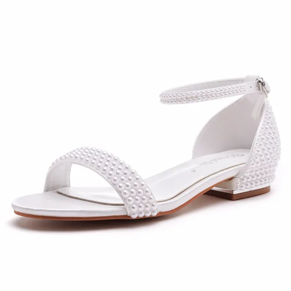 Modest / Simple White Satin Pearl Ankle Strap Flat Wedding Shoes 2024 Pointed Toe Wedding Sandals