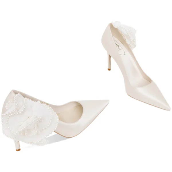 Élégant Ivoire Perle Fleur Satin Chaussure De Mariée 2022 Cuir 8 cm Talons Aiguilles À Bout Pointu Mariage Escarpins Talons Hauts