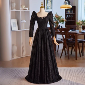 Simple Noire Faux Diamant En Dentelle Hiver Robe De Bal 2024 Princesse Encolure Carrée Manches Longues Dos Nu Longue Promo Robe De Ceremonie