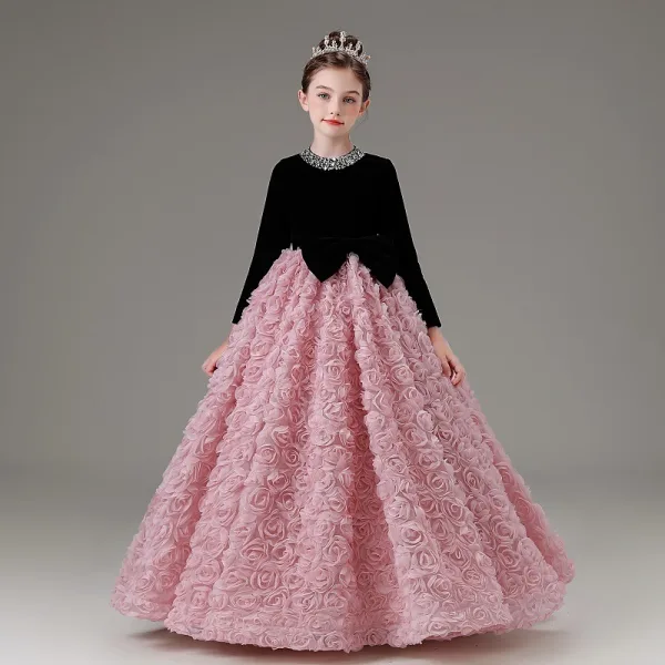Chic / Beautiful Blushing Pink Appliques Sequins Birthday Flower Girl Dresses 2025 Ball Gown Scoop Neck Long Sleeve Floor-Length / Long