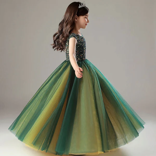 Vintage / Retro Dark Green Sequins Flower Girl Dresses 2022 A-Line / Princess Scoop Neck Sleeveless Prom Floor-Length / Long Flower Girl Dresses
