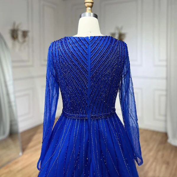 High-end Royal Blue Handmade  Beading Prom Dresses 2024 A-Line / Princess V-Neck Long Sleeve Floor-Length / Long Prom Formal Dresses