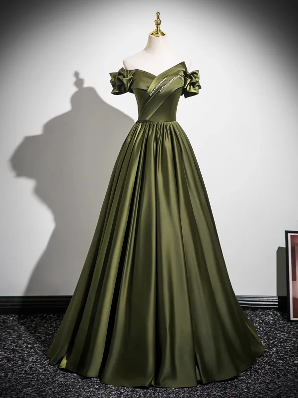 Vintage / Retro Dark Green Satin Prom Dresses 2025 Ball Gown Off-The-Shoulder Short Sleeve Backless Floor-Length / Long Formal Dresses