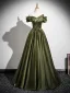 Vintage / Retro Dark Green Satin Prom Dresses 2025 Ball Gown Off-The-Shoulder Short Sleeve Backless Floor-Length / Long Formal Dresses