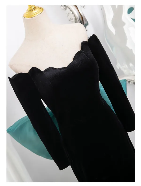 Élégant Noire Robe De Bal 2024 Trompette / Sirène De l'épaule 3/4 Manches Dos Nu Noeud Train De Balayage Promo Robe De Ceremonie