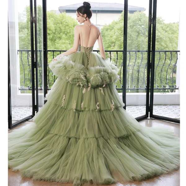 Fashion Charming Sage Green Prom Dresses 2022 Ball Gown Spaghetti Straps Sleeveless Backless Cascading Ruffles Chapel Train Formal Dresses