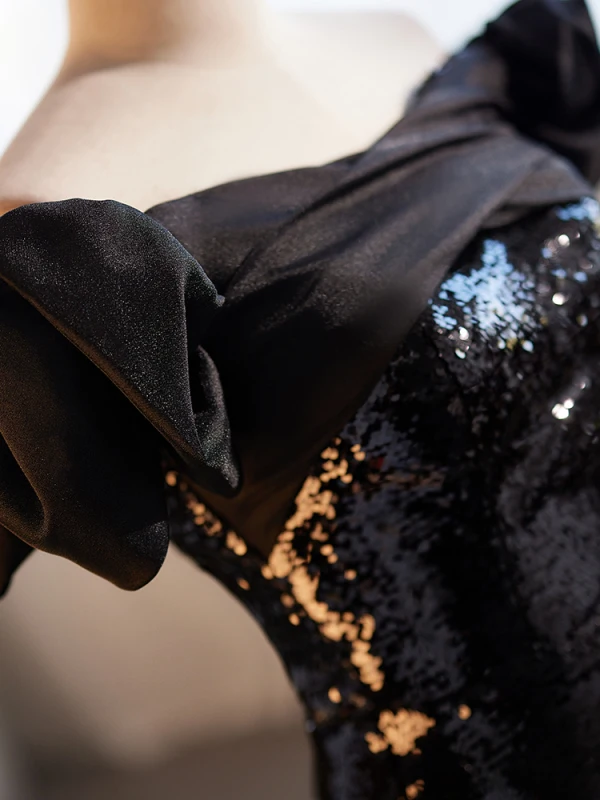 Sparkly Black Sequins Evening Dresses 2024 Trumpet / Mermaid Off-The-Shoulder Puffy Short Sleeve Backless Floor-Length / Long Evening Party Formal Dresses