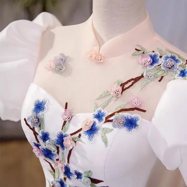 Chinese style Ivory Lace Flower Appliques Cheongsam Evening Dresses Prom Dresses 2023 A-Line / Princess High Neck Puffy Short Sleeve Floor-Length / Long Evening Party Prom