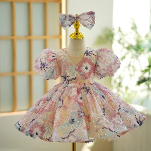 Chic Belle Multi Couleurs Paillettes Courte Anniversaire Robe Ceremonie Fille 2023 Robe Boule V Cou Gonflée Manches Courtes