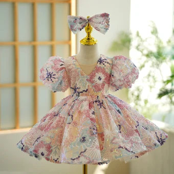 Chic Belle Multi Couleurs Paillettes Courte Anniversaire Robe Ceremonie Fille 2023 Robe Boule V Cou Gonflée Manches Courtes