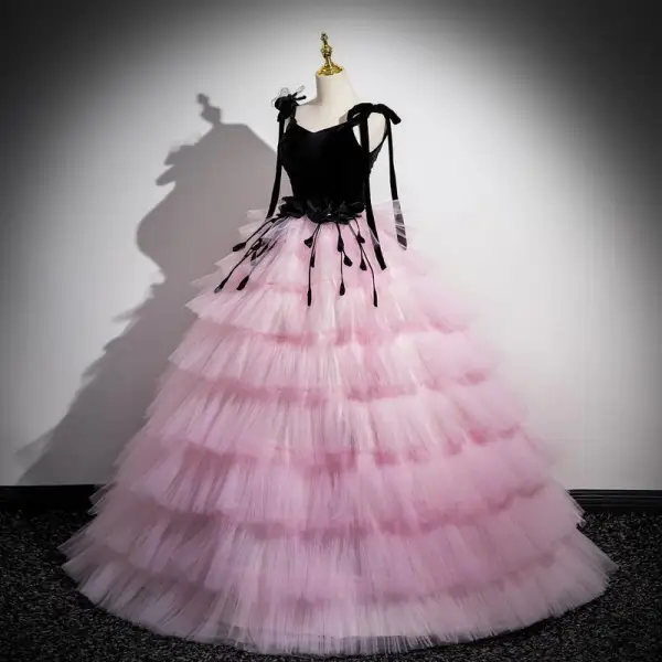 Fashion Blushing Pink Appliques Cascading Ruffles Prom Dresses Ball Gown 2024 Spaghetti Straps Bow Sleeveless Floor-Length / Long Prom Formal Dresses